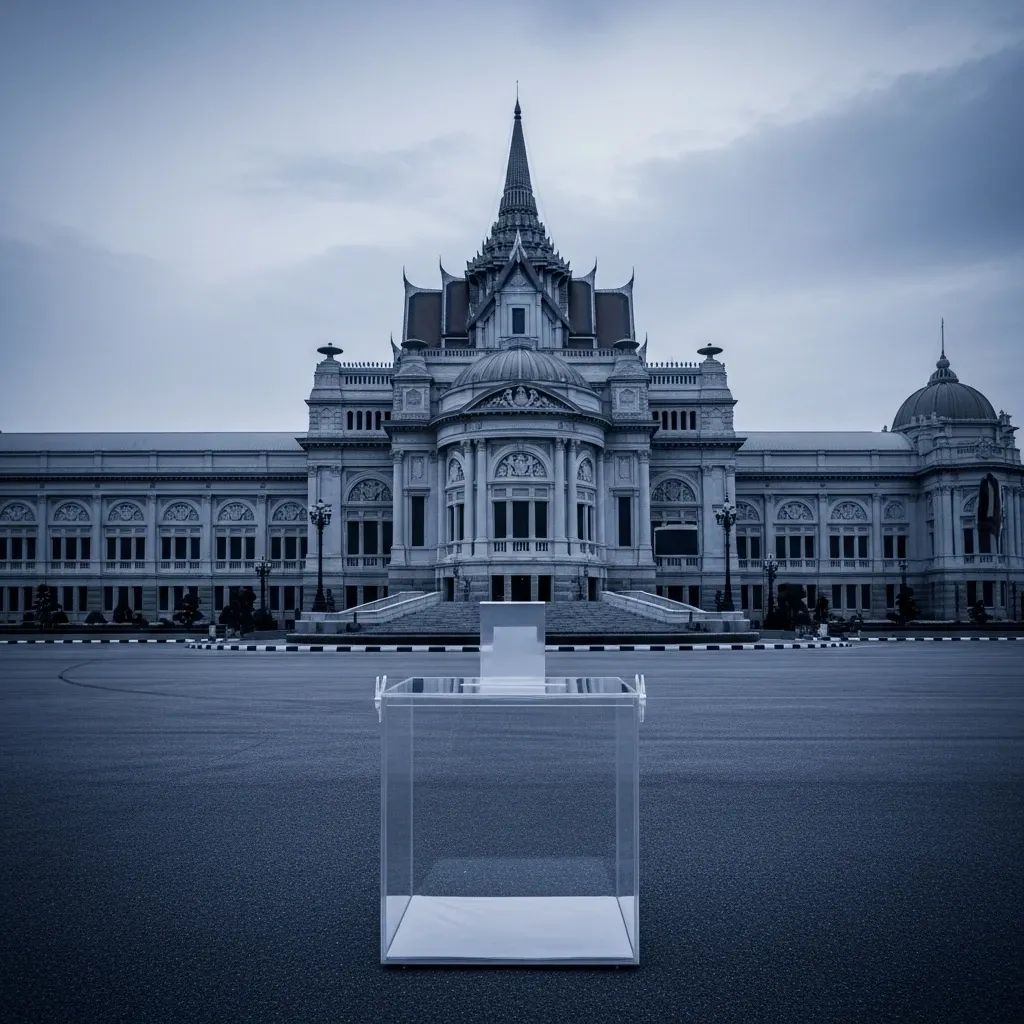 Transparent ballot box in front of the empty Thai Parliament building exterior