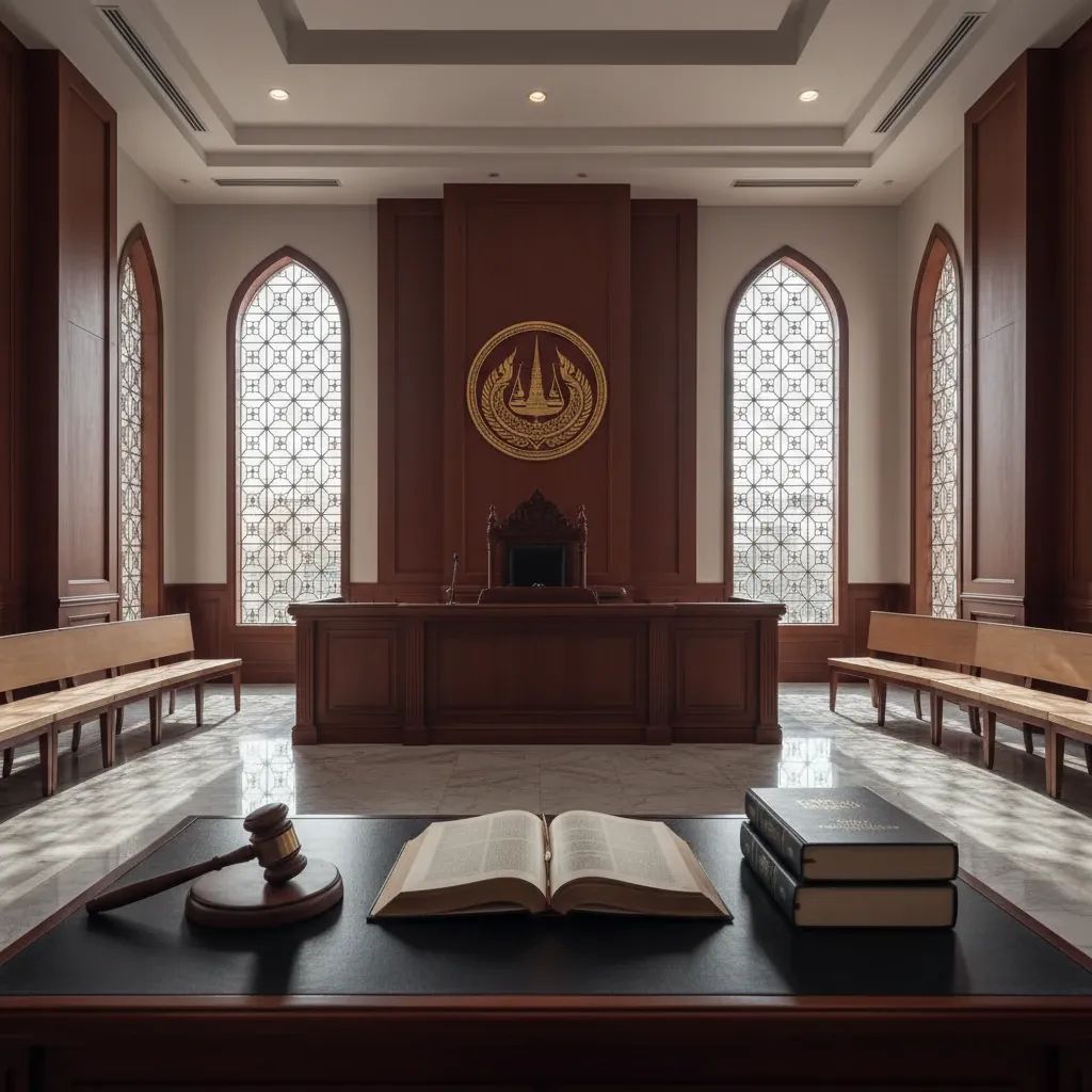 Thai courtroom setting with gavel representing justice system and legal proceedings