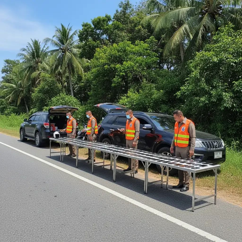 Thai highway police display hundreds of confiscated smartphones beside SUVs at a Route 359 checkpoint