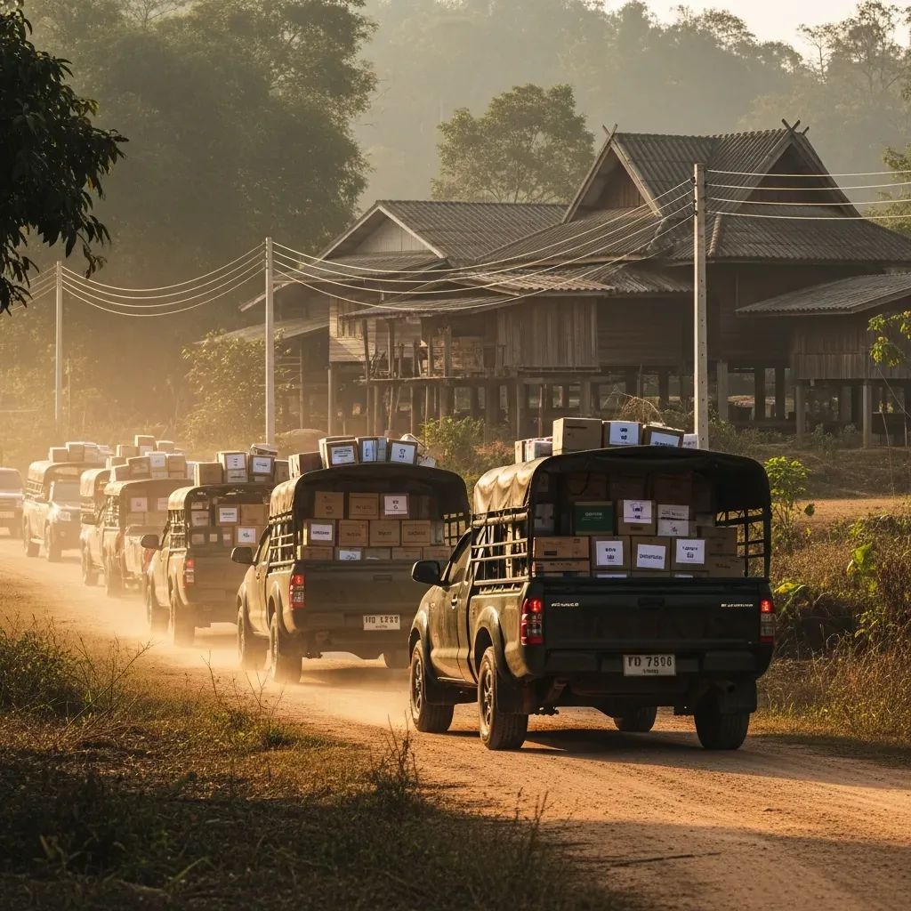 Army convoy delivering medical supplies to a remote village near the Thai-Cambodian border