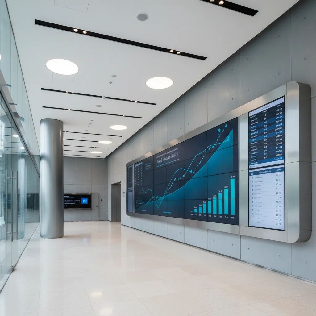 Modern bank interior with financial charts displaying interest rate data and economic indicators