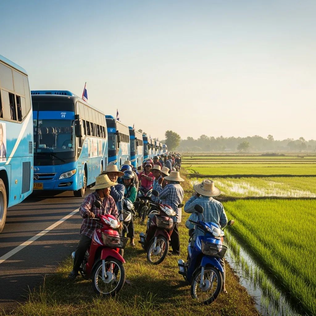 Convoy of blue-and-white campaign buses passing rural Isan road with local residents watching