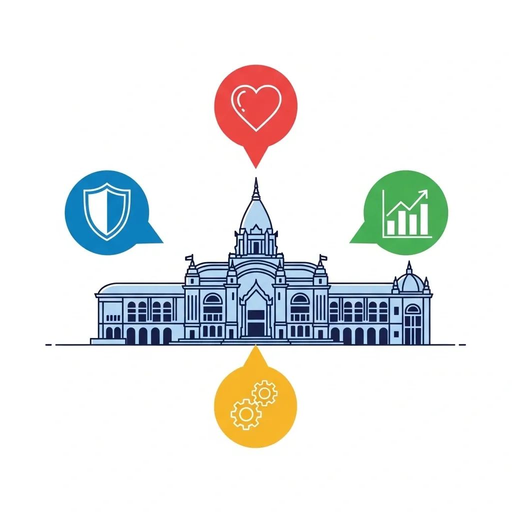 Stylized Thai parliament building with four icons symbolizing democracy, welfare, economy, and reform missions