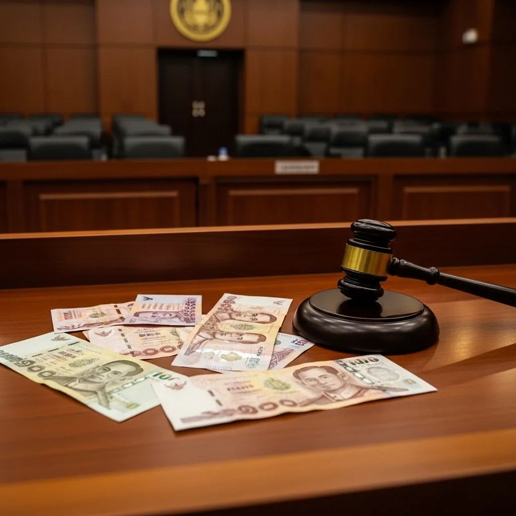 Courtroom bench with gavel and Thai baht banknotes representing Ponzi fraud sentencing