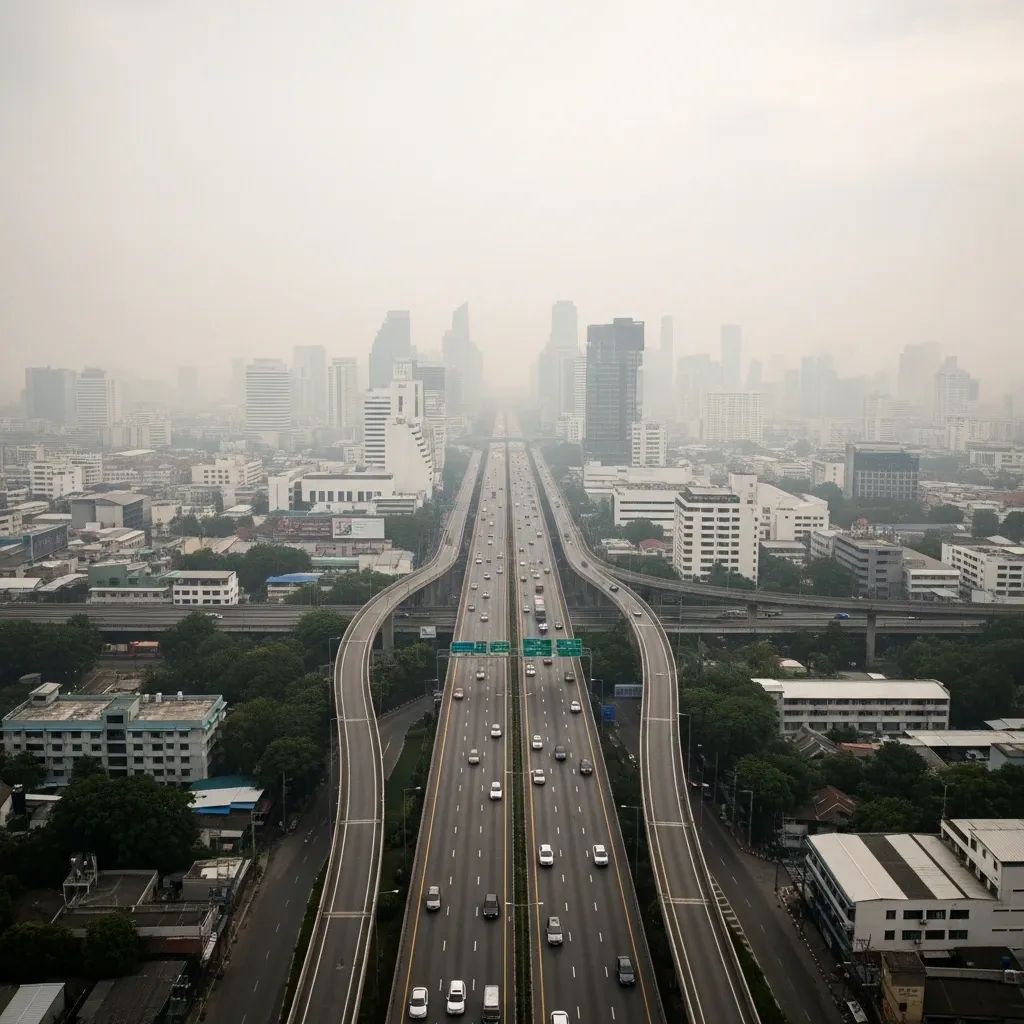 Hazy Bangkok highway with reduced vehicle traffic during smog surge