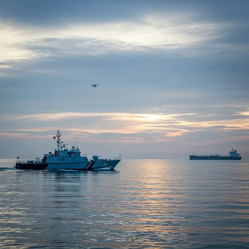 Thai coastguard patrol boat at sea with oil tanker in the distance illustrating maritime enforcement