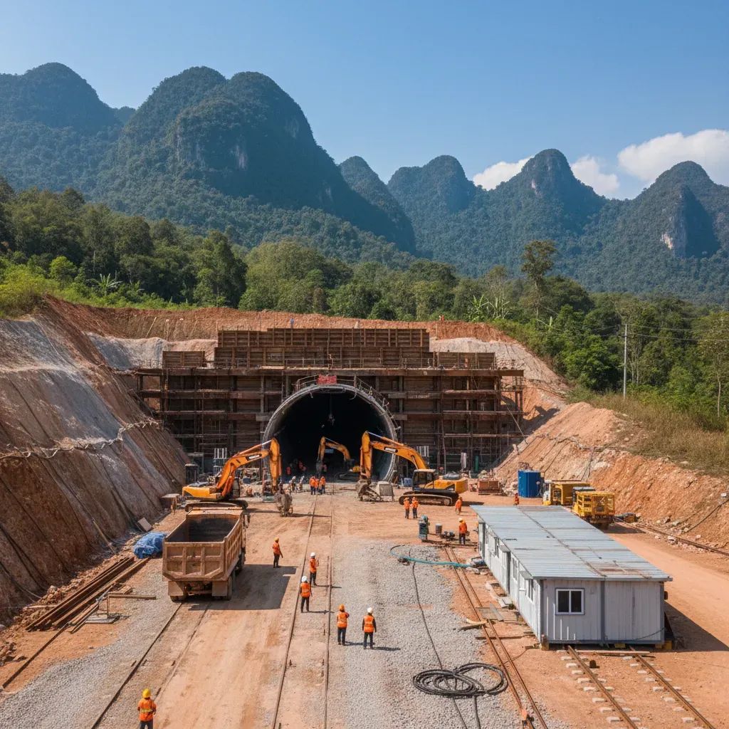 Railway tunnel construction site in northern Thailand with excavation equipment and mountainous terrain