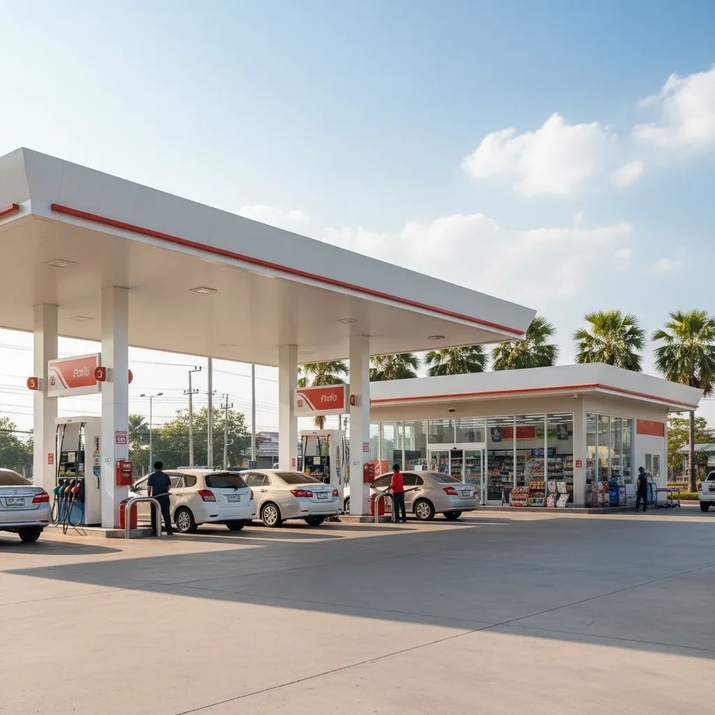 Thai gas station with customers refueling at pumps during daytime