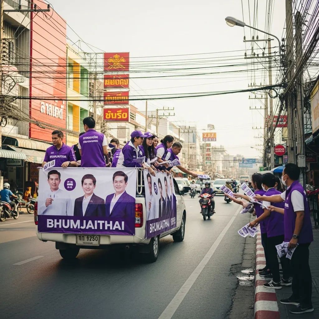 Bhumjaithai campaign truck and volunteers canvassing voters on a street in Chon Buri
