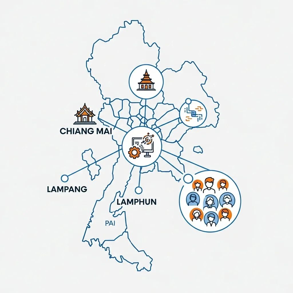 Stylized map of Chiang Mai region highlighting tourism routes, startup hubs and inclusion icons