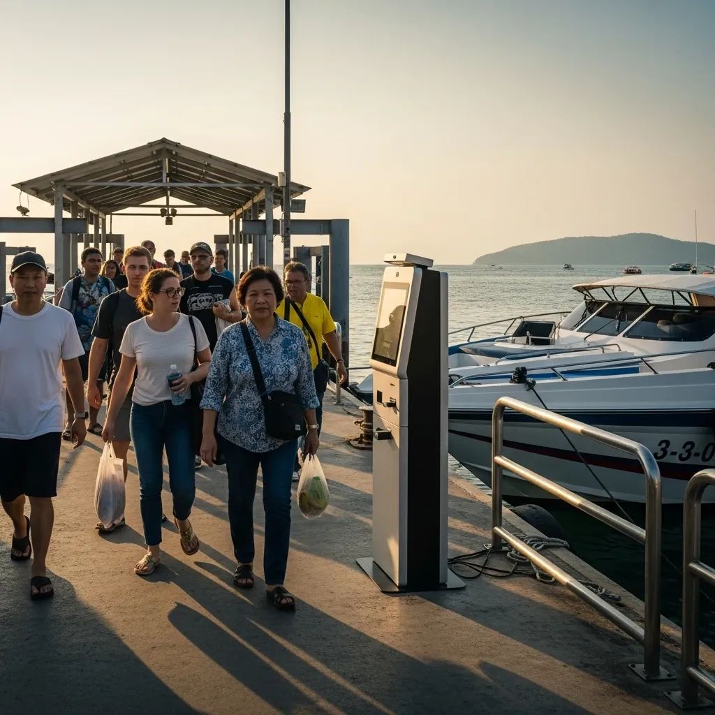 Passengers walking past a facial recognition kiosk at Chalong Bay pier with a speedboat in the background