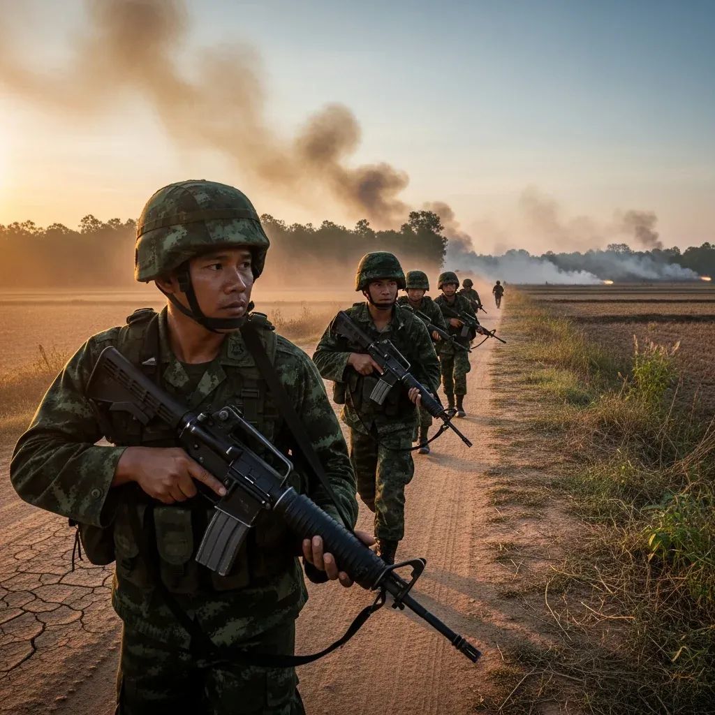 Thai soldiers patrolling a dusty border road with smoke from distant artillery strikes