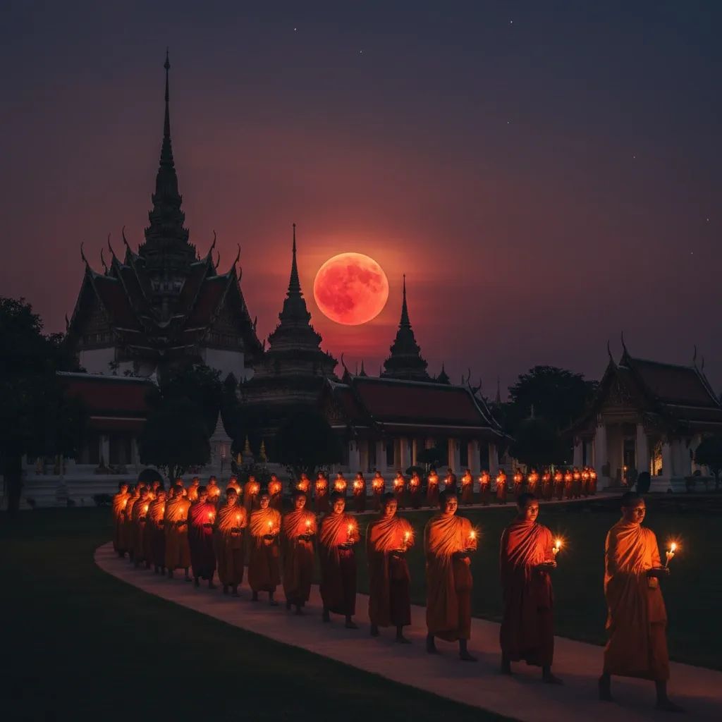 Crimson blood moon rising over Thai temple with candlelit Makha Bucha procession below
