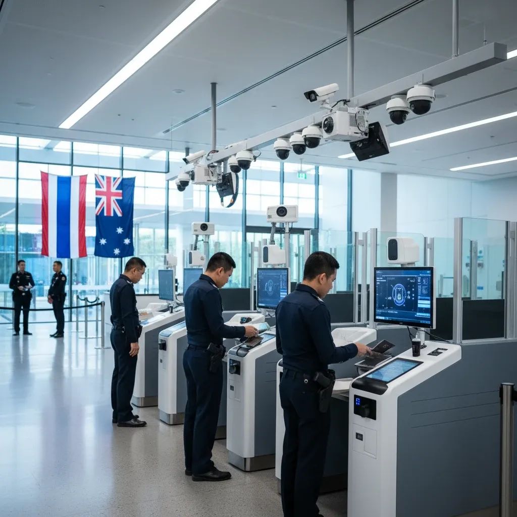 Thai immigration officials at checkpoint with international law enforcement partnership symbolized