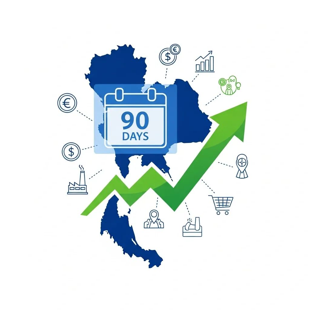 Infographic of Thailand map with 90-day calendar and upward growth arrow