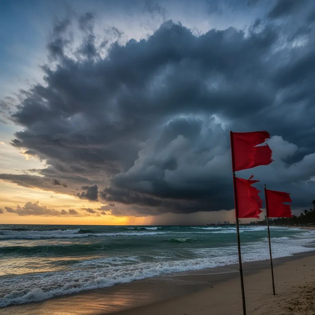 Dark storm clouds forming over Pattaya beach with red warning flags and rough ocean waves
