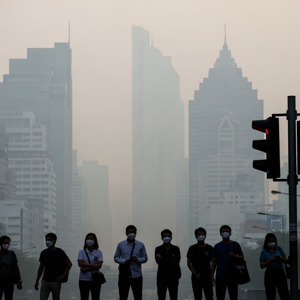 Bangkok skyline shrouded in thick smog with commuters wearing masks at a traffic light