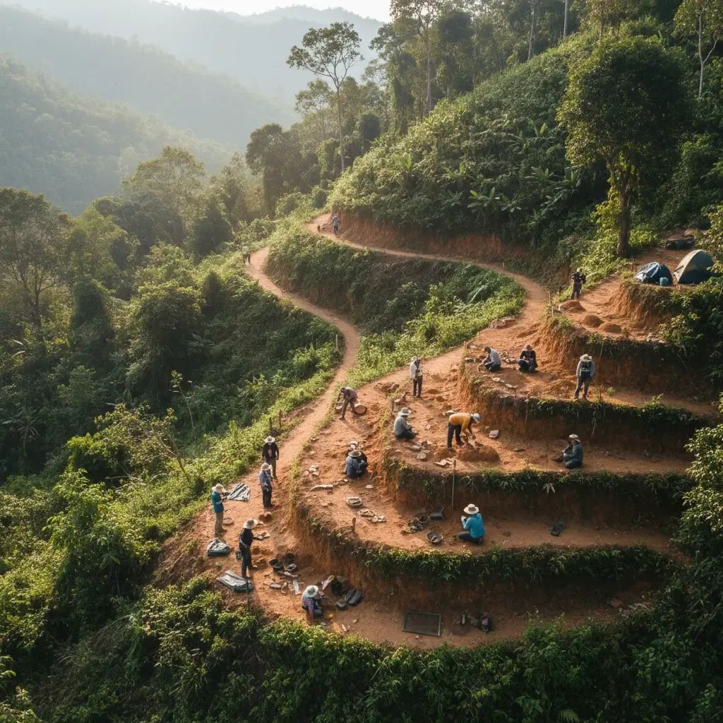 Archaeological team excavating WWII crash site on jungle-covered mountain in Lampang, Thailand