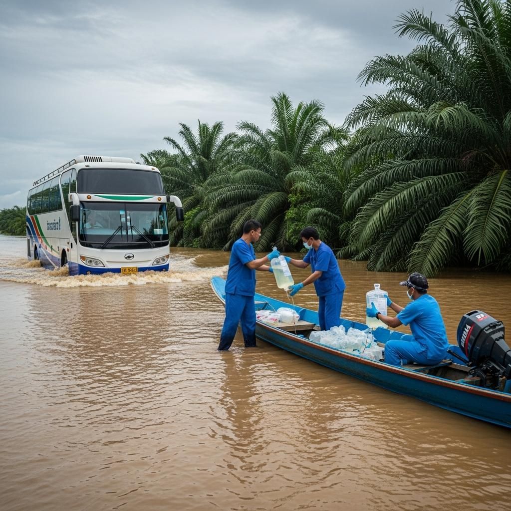 Mobile hemodialysis bus navigating floodwaters as workers load dialysis solution bags