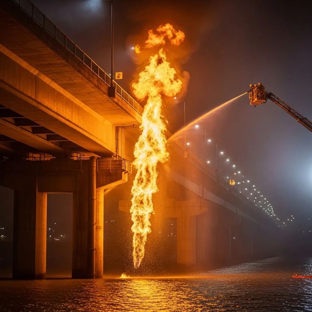 Nighttime blaze under Bhumibol Bridge as firefighters spray water on flames from a drain pipe