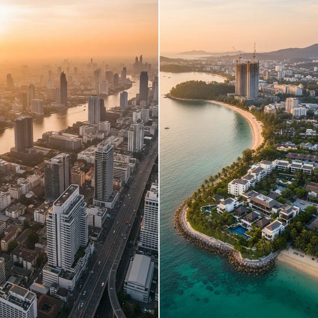 Aerial view of Phuket beachfront development with luxury resorts, palm trees, and construction alongside Bangkok skyline comparison