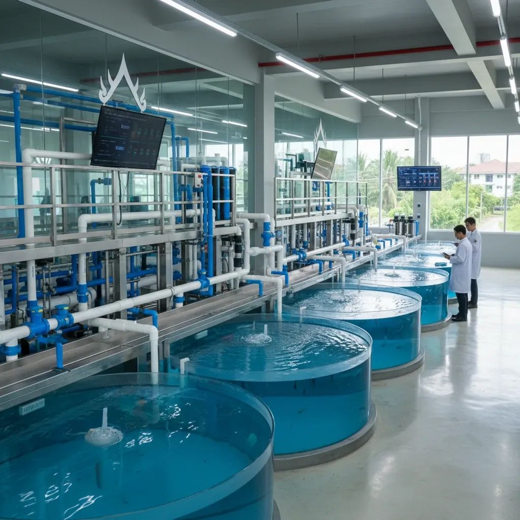 Modern aquaculture facility with temperature-controlled salmon tanks and recirculating water system