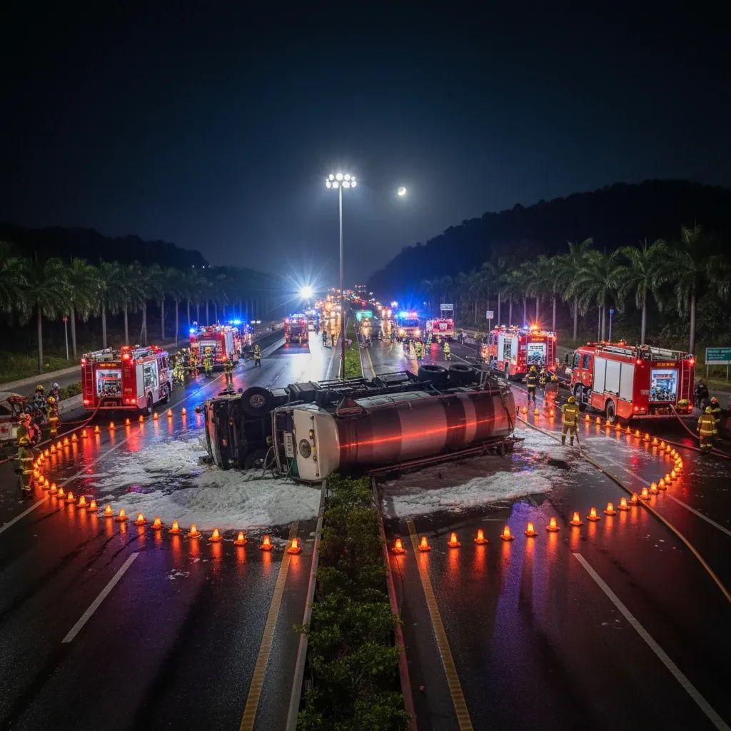 Emergency response teams at night on Route 37 with overturned fuel tanker and foam firefighting trucks