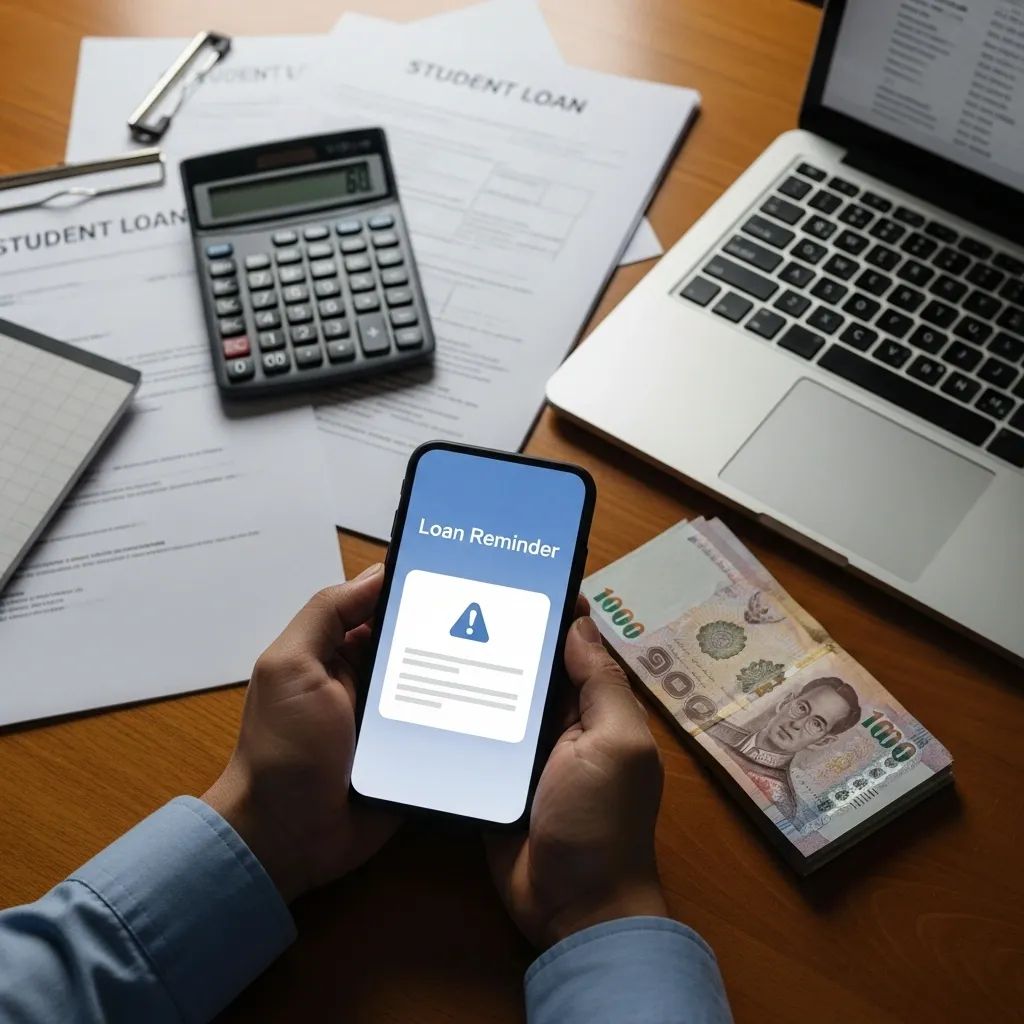 Overhead shot of smartphone showing a loan reminder, student loan papers, calculator and Thai banknotes on a desk