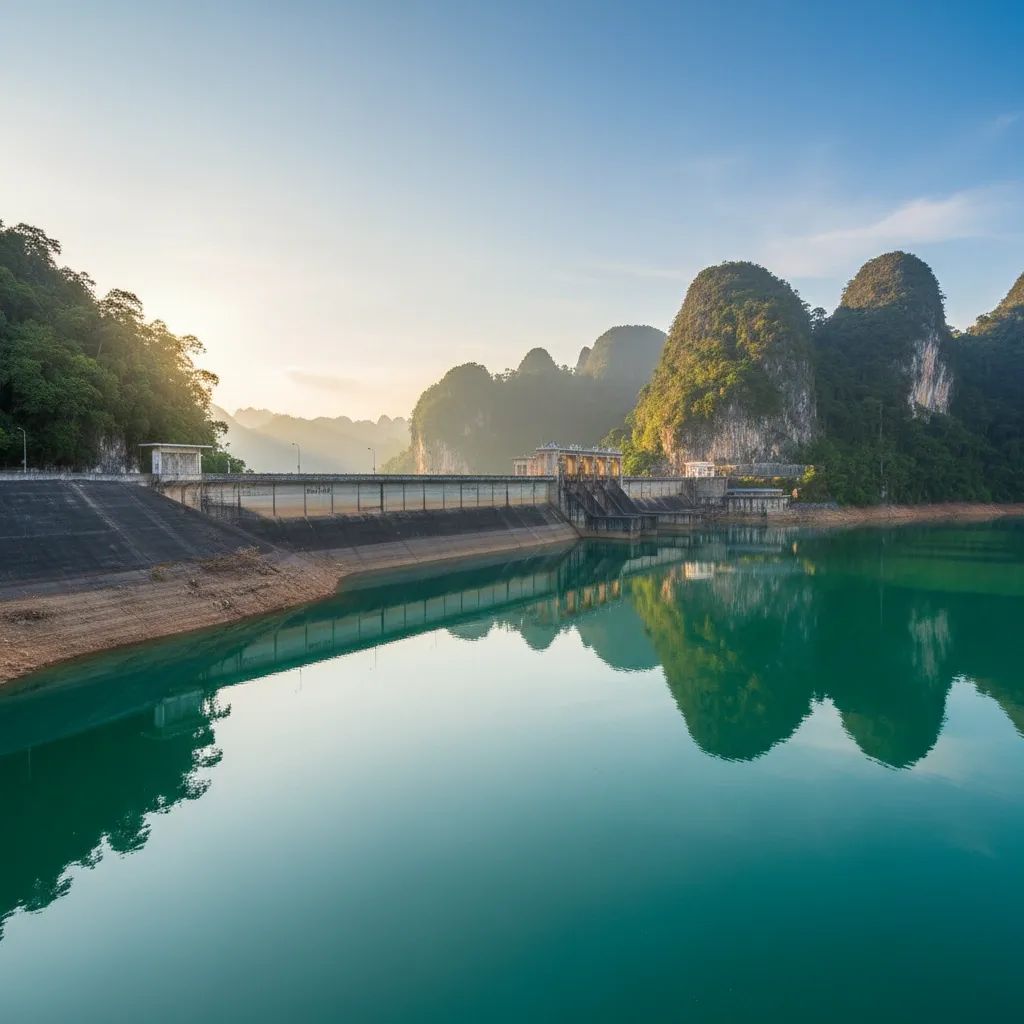 Wide view of Ratchaprapha Dam across Cheow Lan Lake in Surat Thani, showing stable infrastructure after quakes