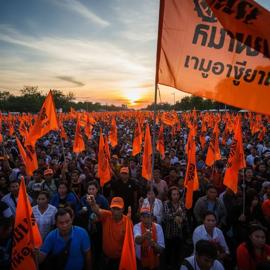 Crowd waving orange banners at a People’s Party rally in Thailand