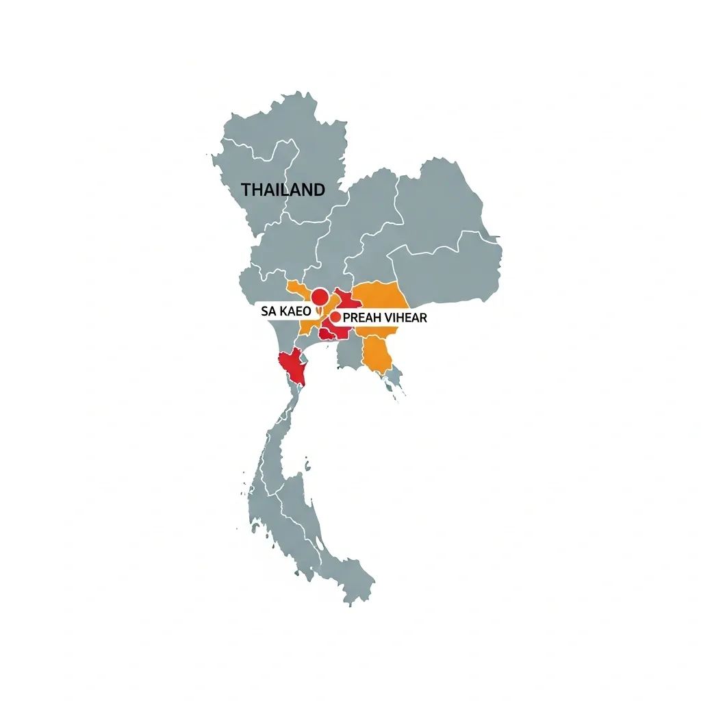 Infographic map highlighting conflict zones along the Thailand–Cambodia border near Sa Kaeo and Preah Vihear