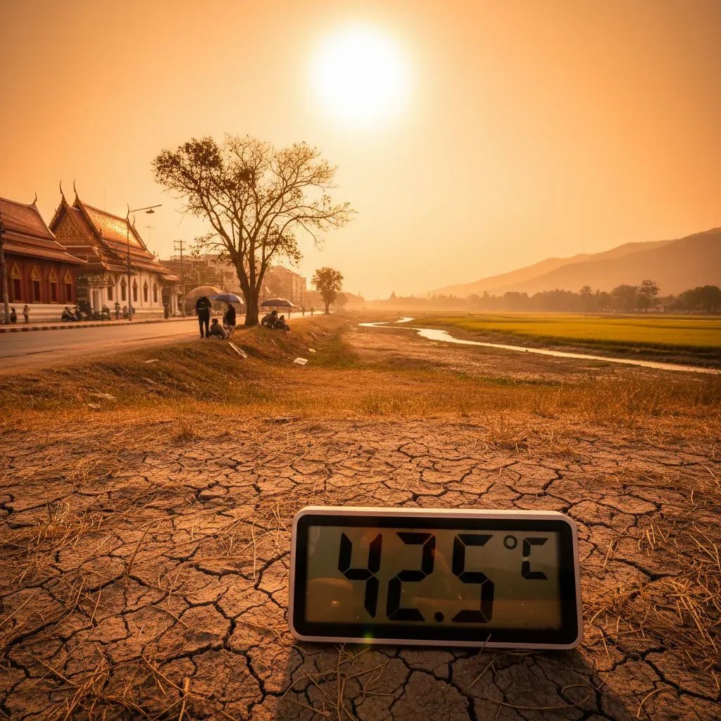 Scorching Thai landscape with thermometer showing extreme heat, people seeking shade during dangerous temperatures