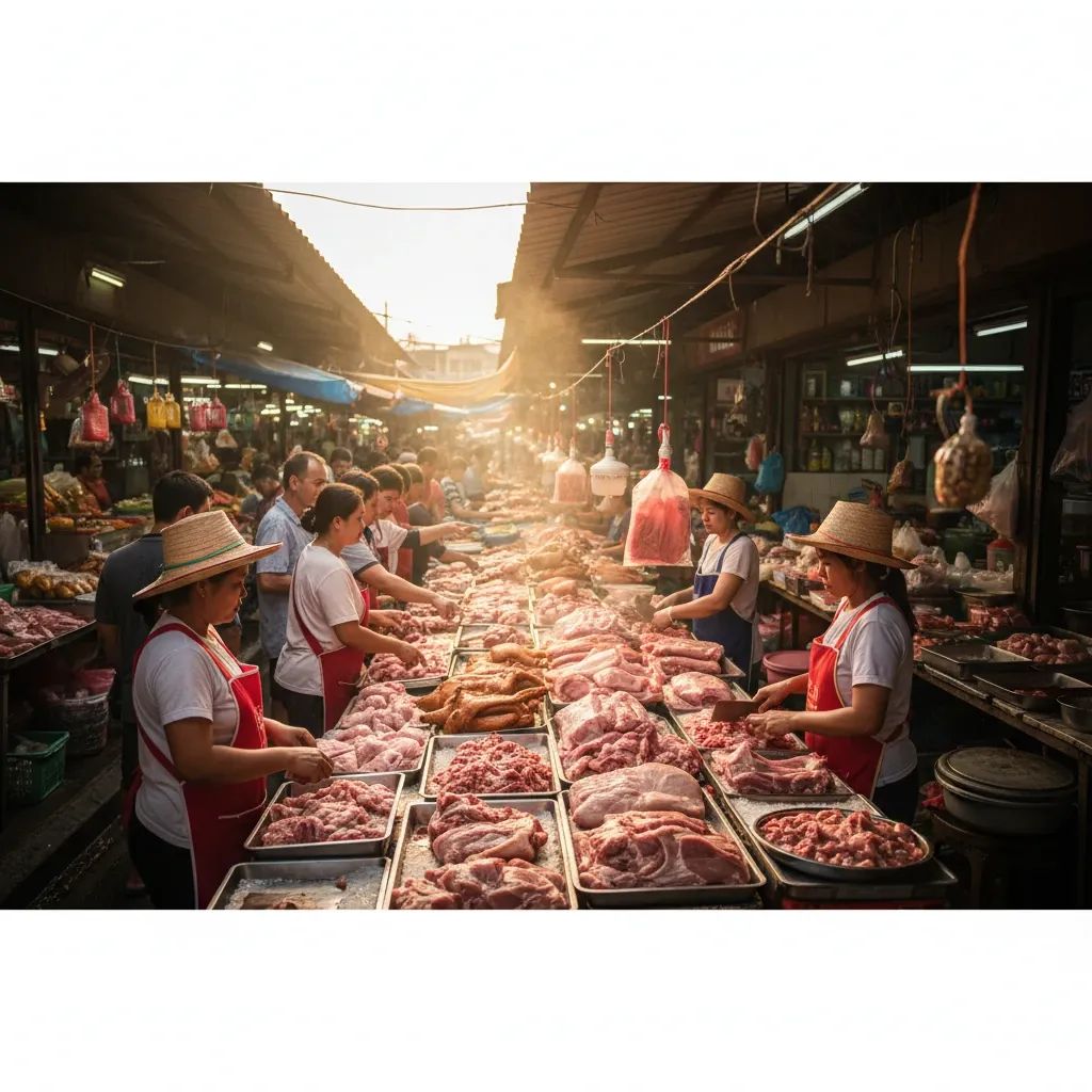 Thai wet market shoppers browsing pork stalls at morning market in Pattaya with price tags on meat counters