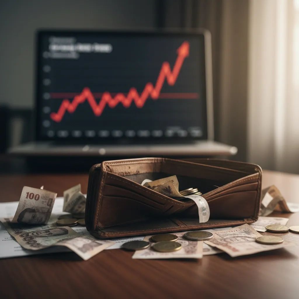 Empty wallet with Thai baht currency notes and financial crisis graph symbolizing Thailand's economic challenges
