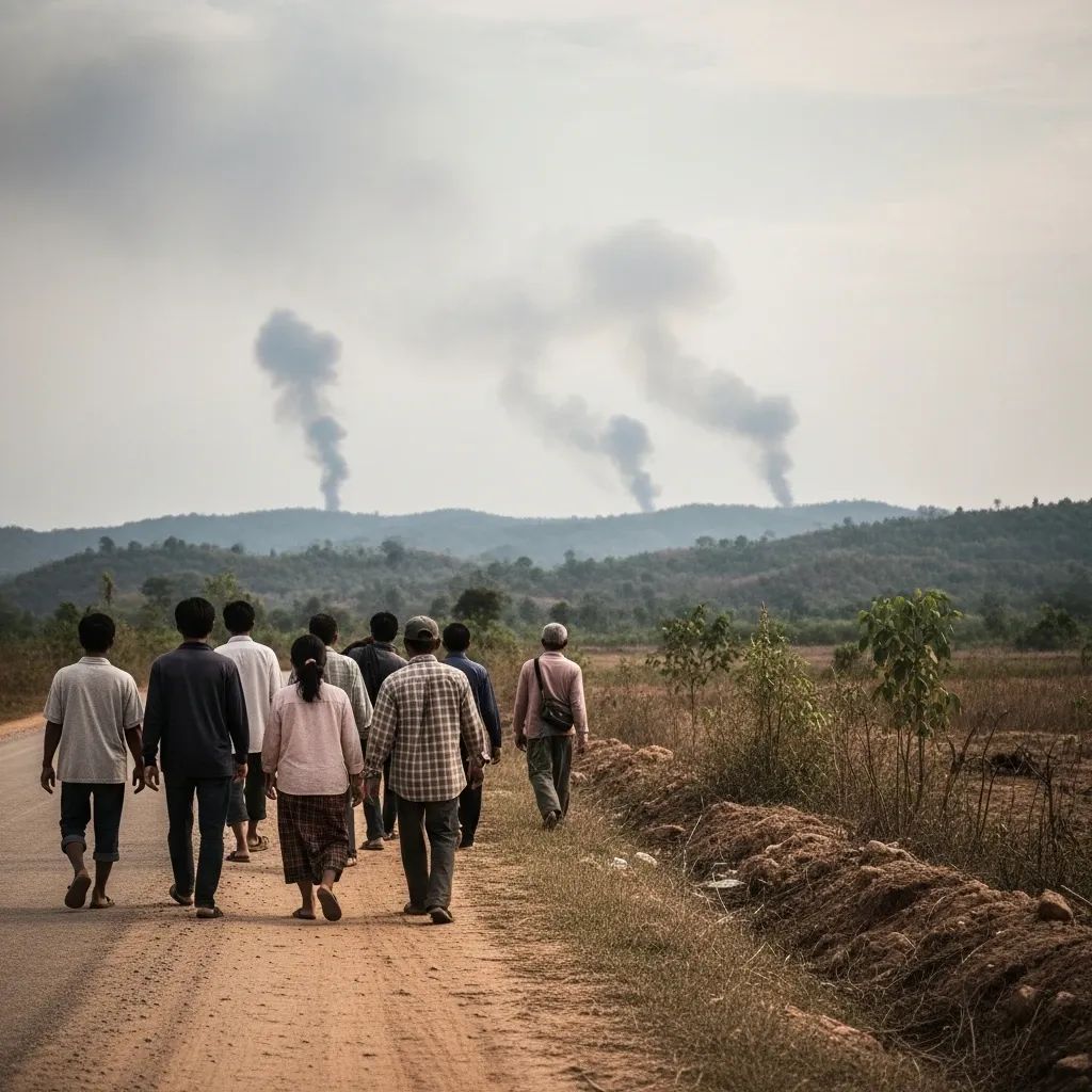 Northeastern Thai villagers walking along a rural border road as smoke rises from distant artillery