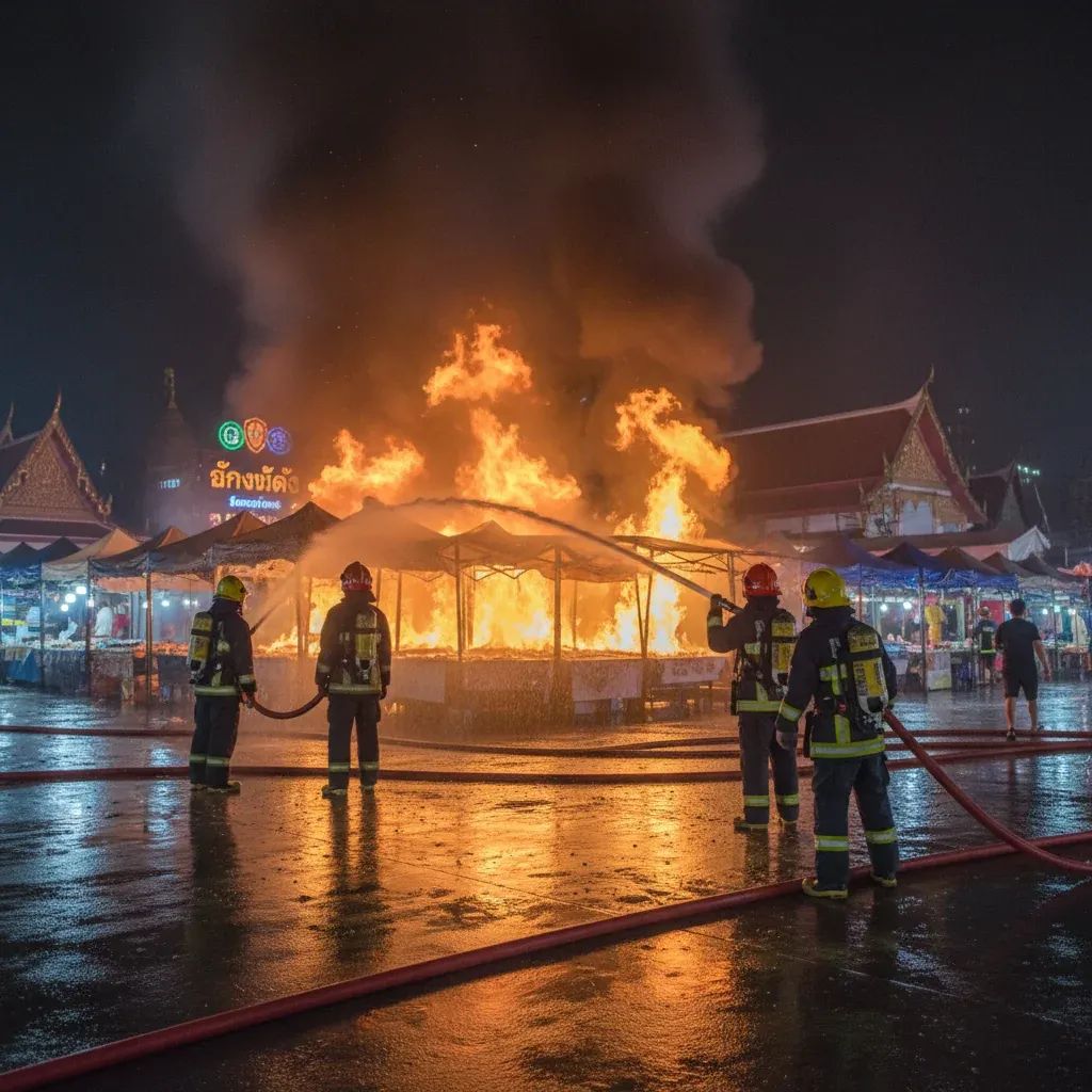Firefighters douse burning stalls at Bangkok's Chatuchak Weekend Market during late-night blaze