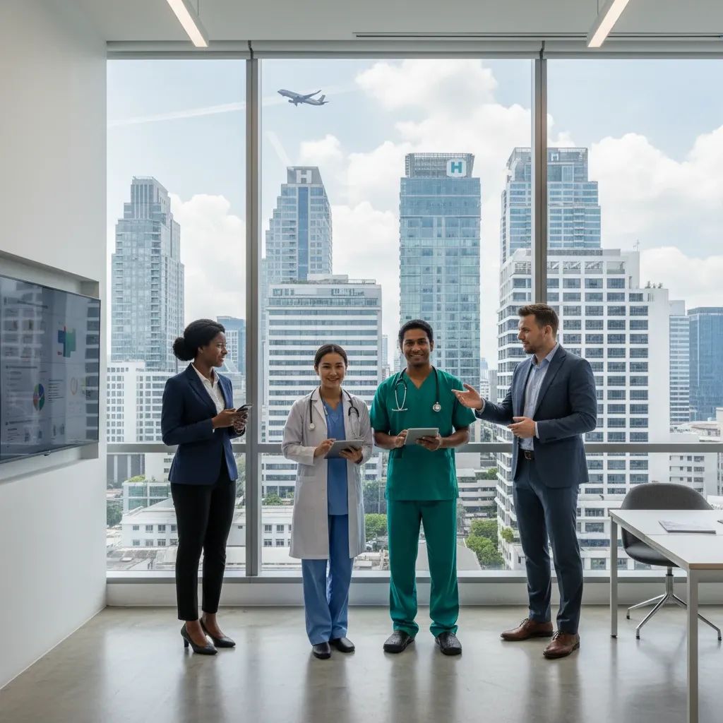 Modern Bangkok healthcare and aviation industry symbolizing business continuity and leadership transition