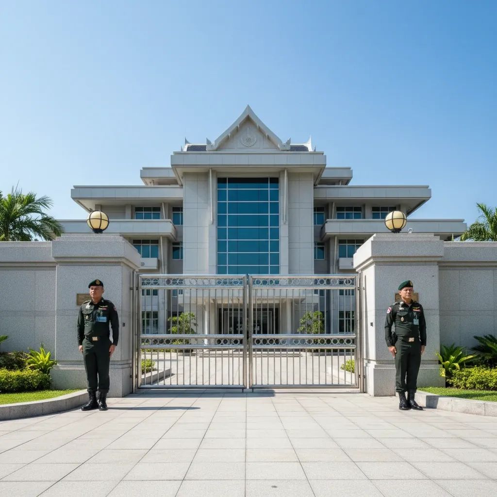 Thai military facility exterior showing institutional gates and professional security personnel