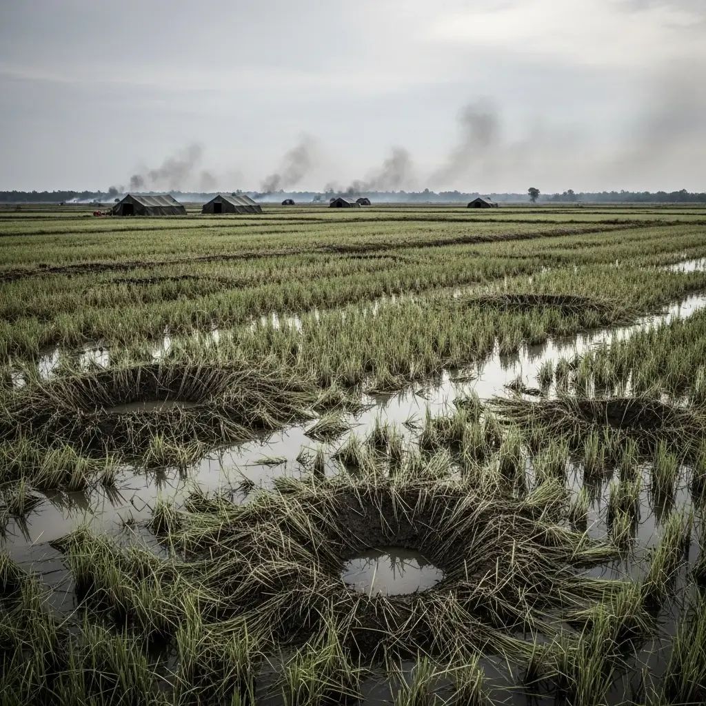 Rice paddies near Sa Kaeo border showing artillery craters and smoke rising