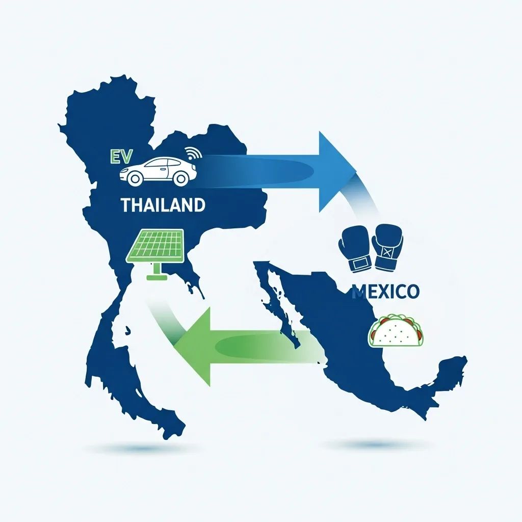 Infographic map showing Thailand and Mexico connected with EV, solar panels, taco and Muay Thai icons
