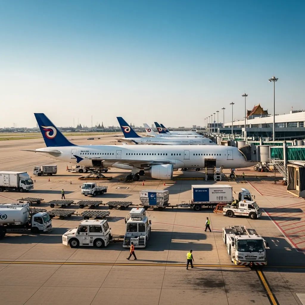 Busy Thai airport apron with planes at gates and ground service vehicles in operation