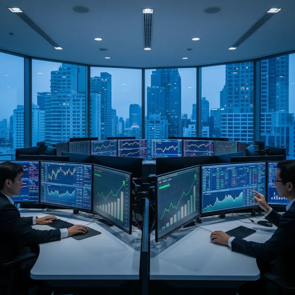 Modern trading floor with multiple financial charts and stock market data displays on screens