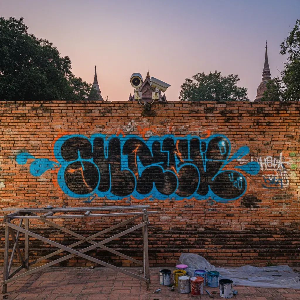 Graffiti-covered historic Chiang Mai temple wall with security cameras and repair materials