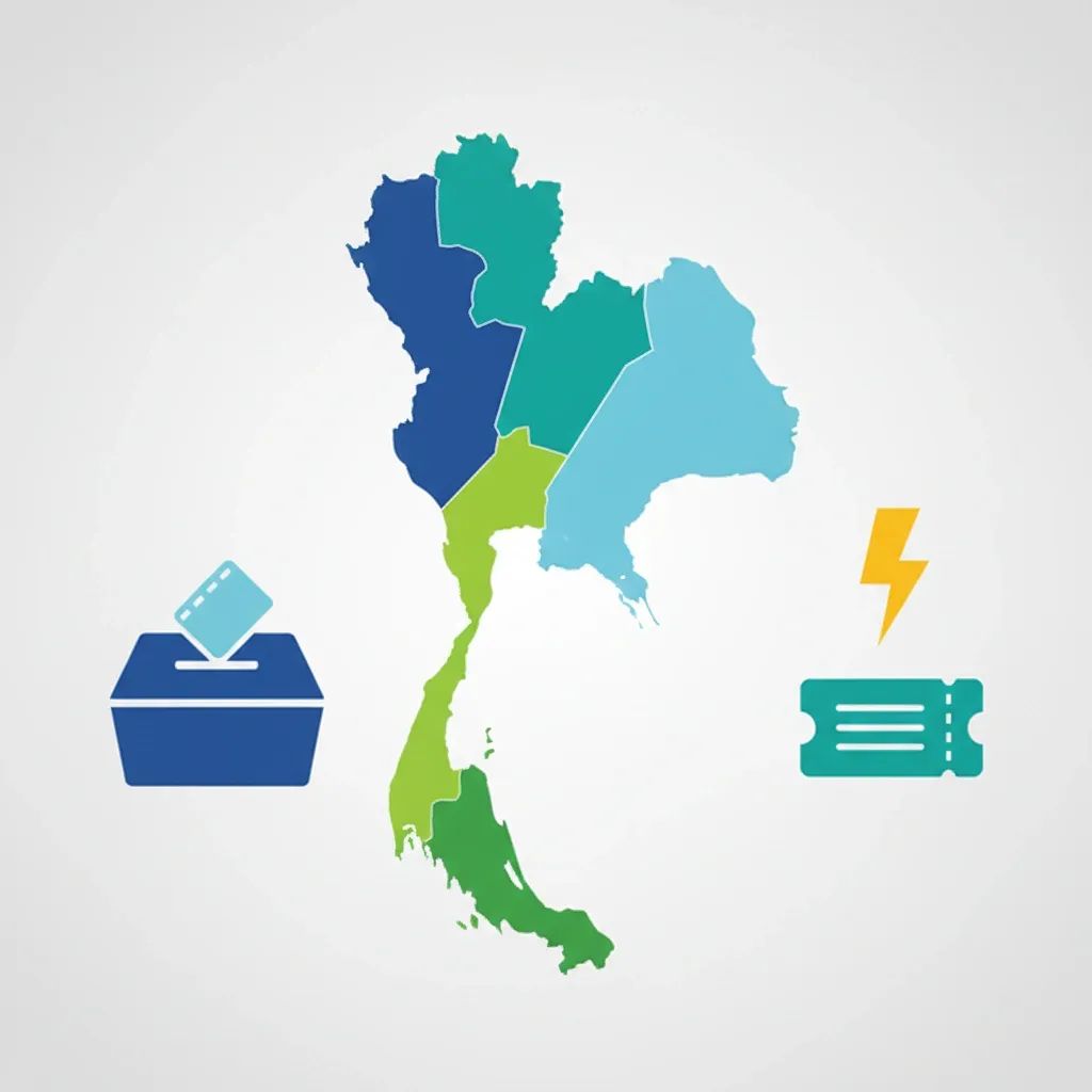 Infographic of Thailand map with colored seat blocks and icons for ballot box, electricity bolt and voucher ticket