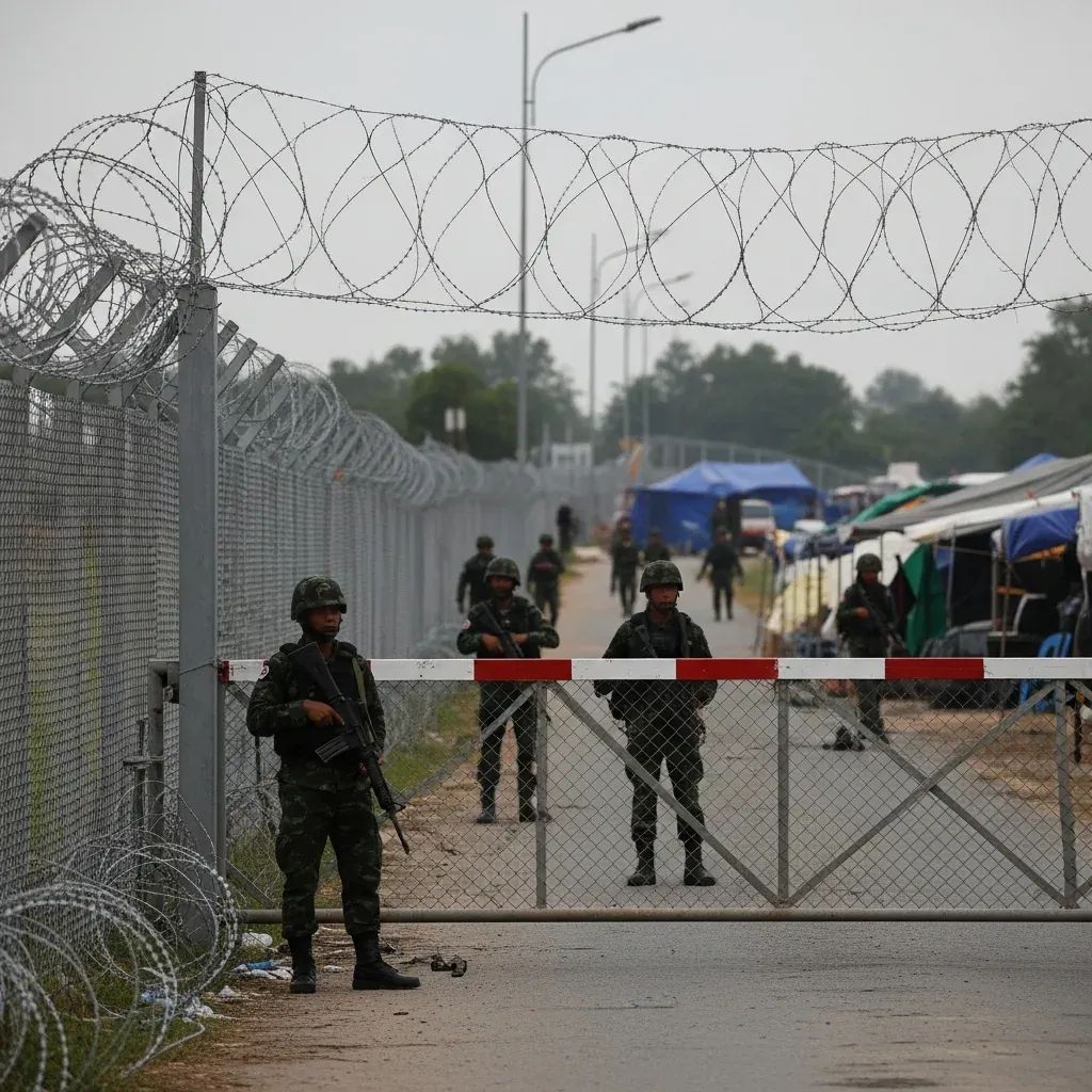 Thai soldiers stand guard at closed Poipet border crossing near Sa Kaeo with evacuee shelters behind barbed wire
