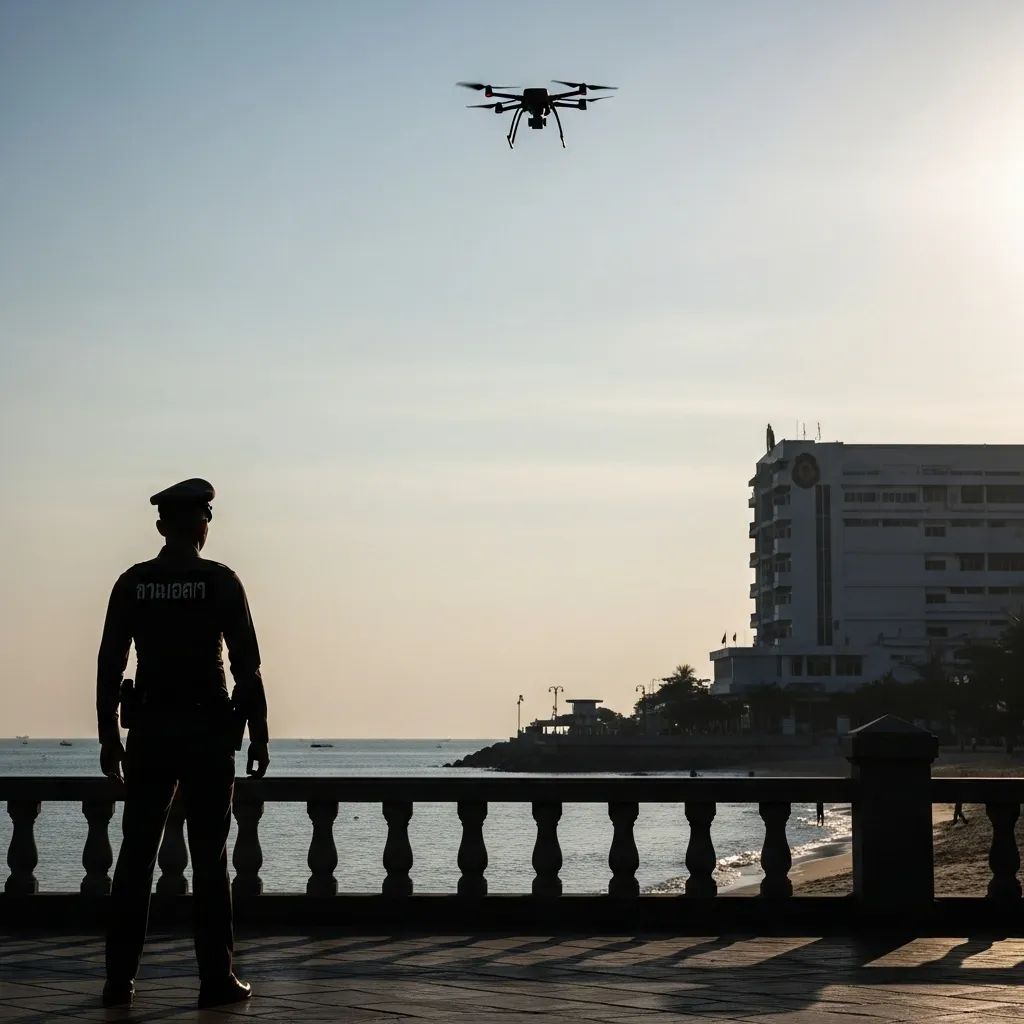 Silhouette of a police officer and a drone over the Pattaya beachfront promenade at dawn