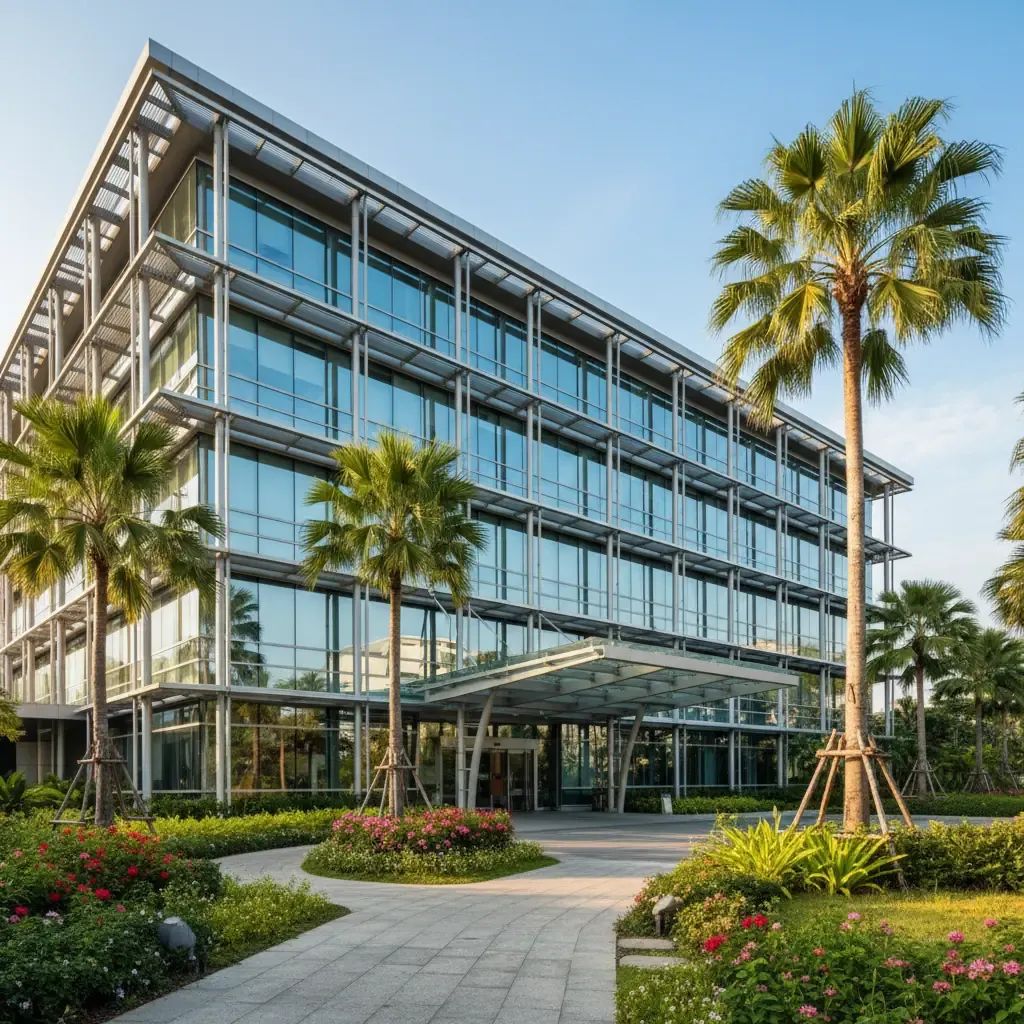 Modern private hospital exterior in Thailand with tropical landscaping