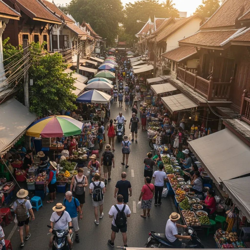 Phuket street scene with tourists and vendors, representing tourism and immigration policy impact