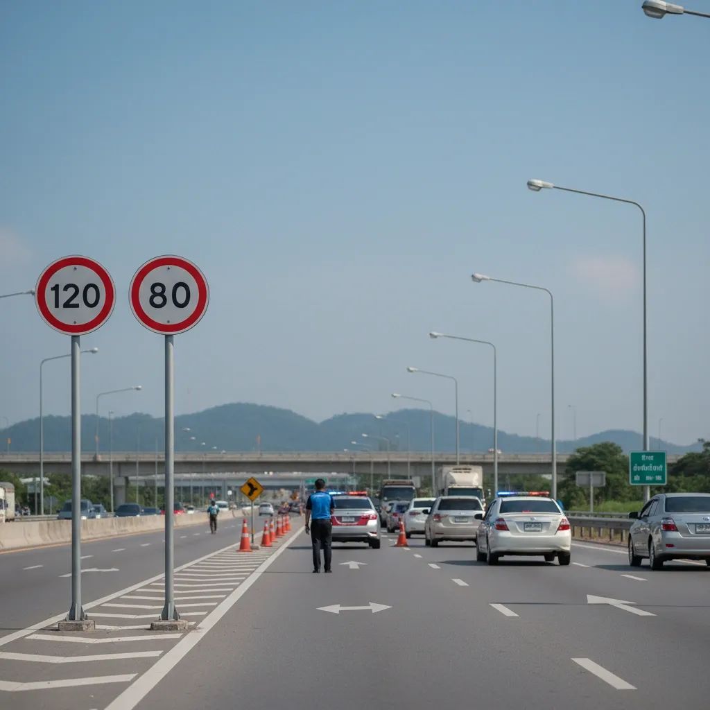 Thai police traffic checkpoint on highway during Songkran period with enforcement setup