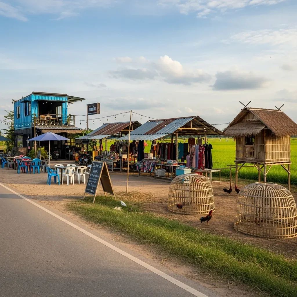 Cluster of container café, night market stalls, and a cockfighting farm along a rural Kalasin roadside by rice fields